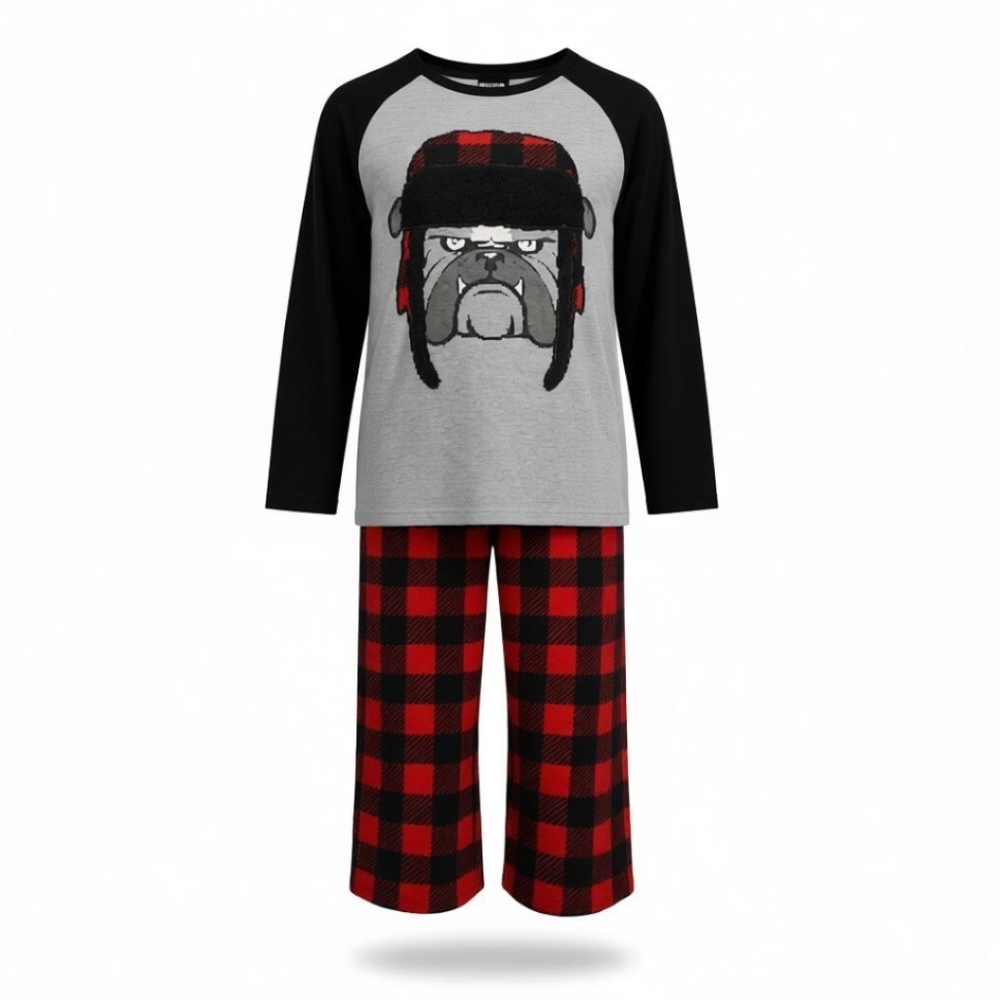 Sleep On It "Bulldog" Red and Black Plaid Boys Small Pajama Set